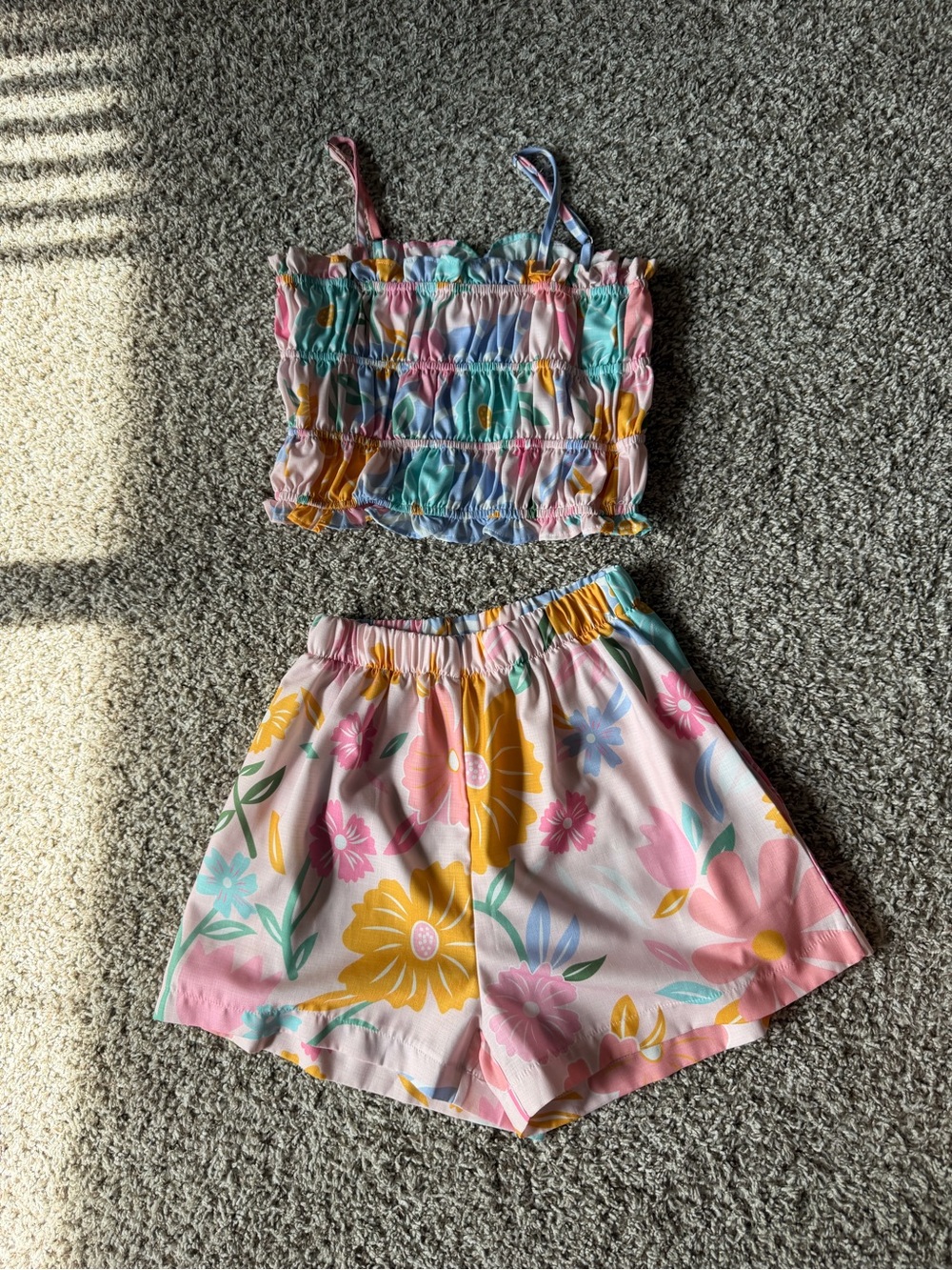 Girls Pink Floral Smocked Tank & Shorts Set